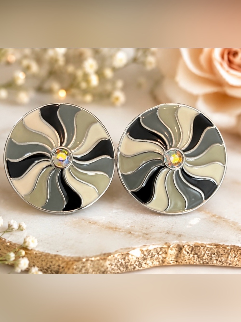 Round Swirl Enamel Statement Dots in Black, Gray & Cream